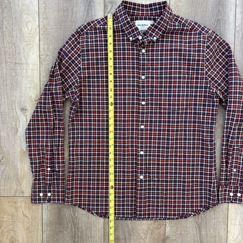 Goodfellow Plaid Poplin Button Up Shirt Mens Large Slim Red Blue Business Casual - Picture 10 of 11
